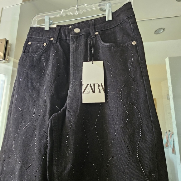NWT Zara Rhinestone Black Jean Pants Embroidered- size 4 - Picture 2 of 13